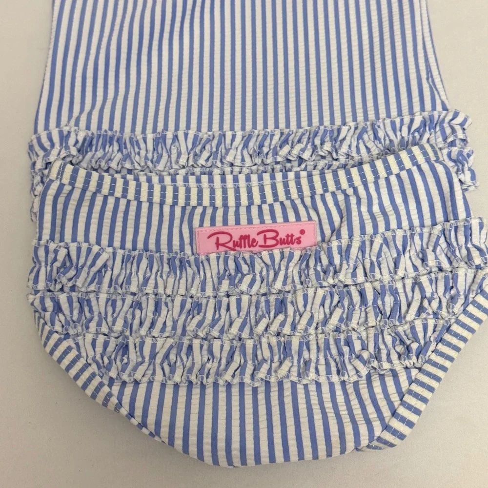 RuffleButts Baby Girl Blue White Seersucker Striped Rash Guard Swimsuit 6-12m